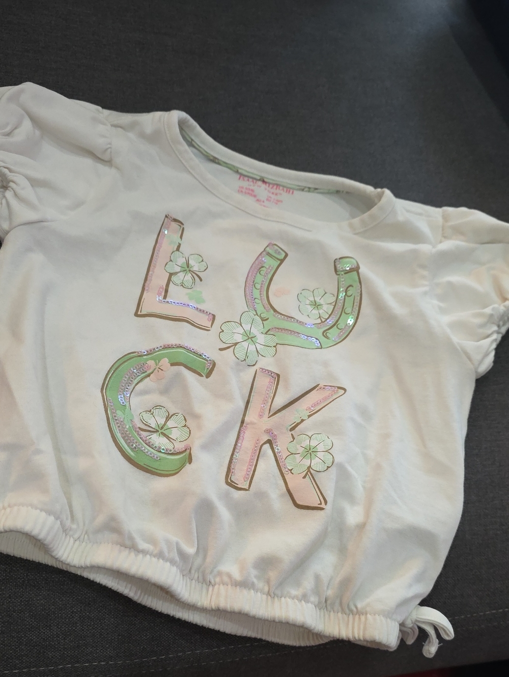 Isaac Mizrahi White Tee with Pink & Mint 'LUCK' Graphic